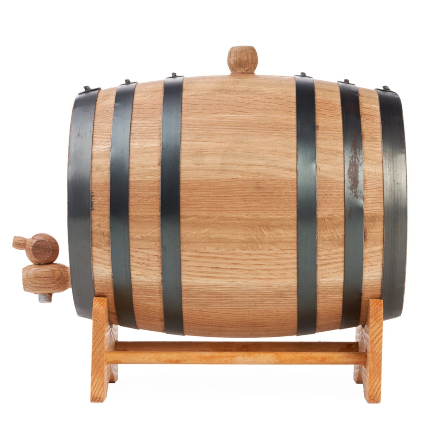 5 litre American oak aging barrel side view on wooden stand