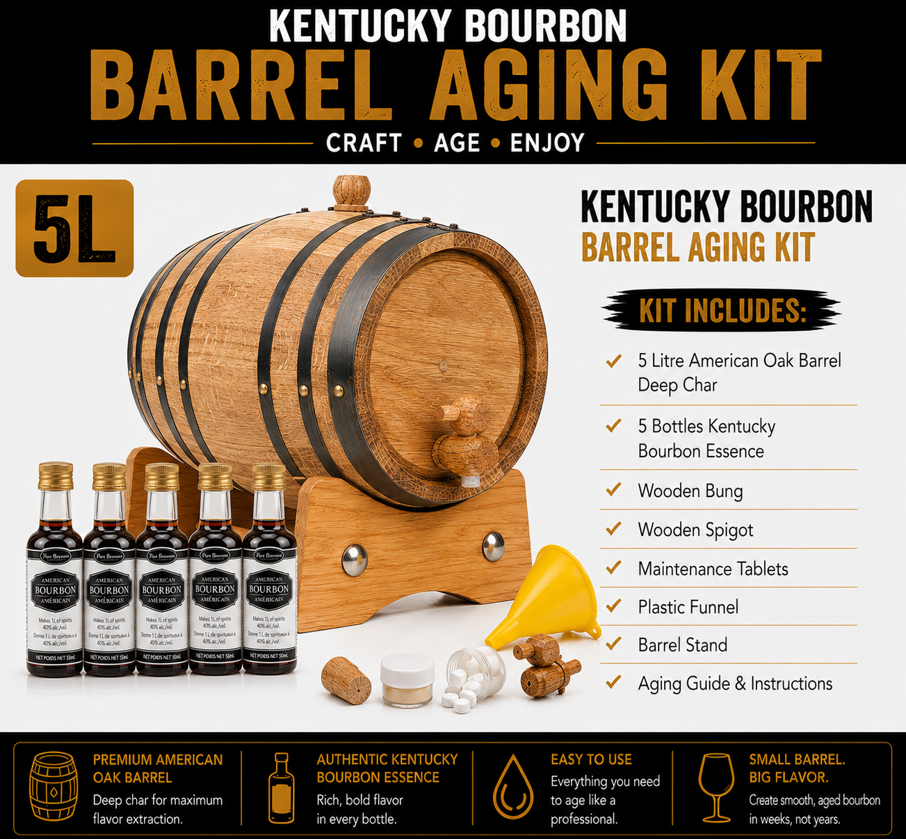 5L Kentucky Bourbon Barrel Aging Kit with five bottles of bourbon essence