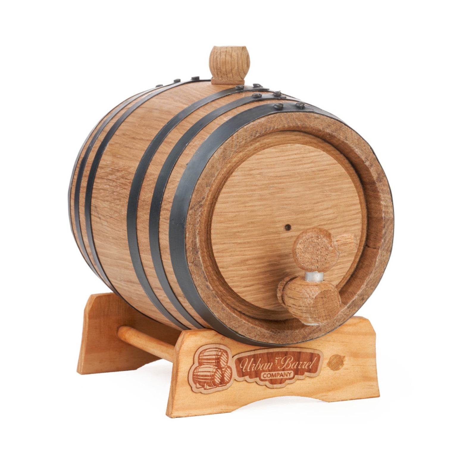 1 litre American oak aging barrel angled view on wooden stand