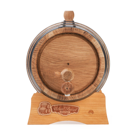 1 litre American oak aging barrel front view on wooden stand