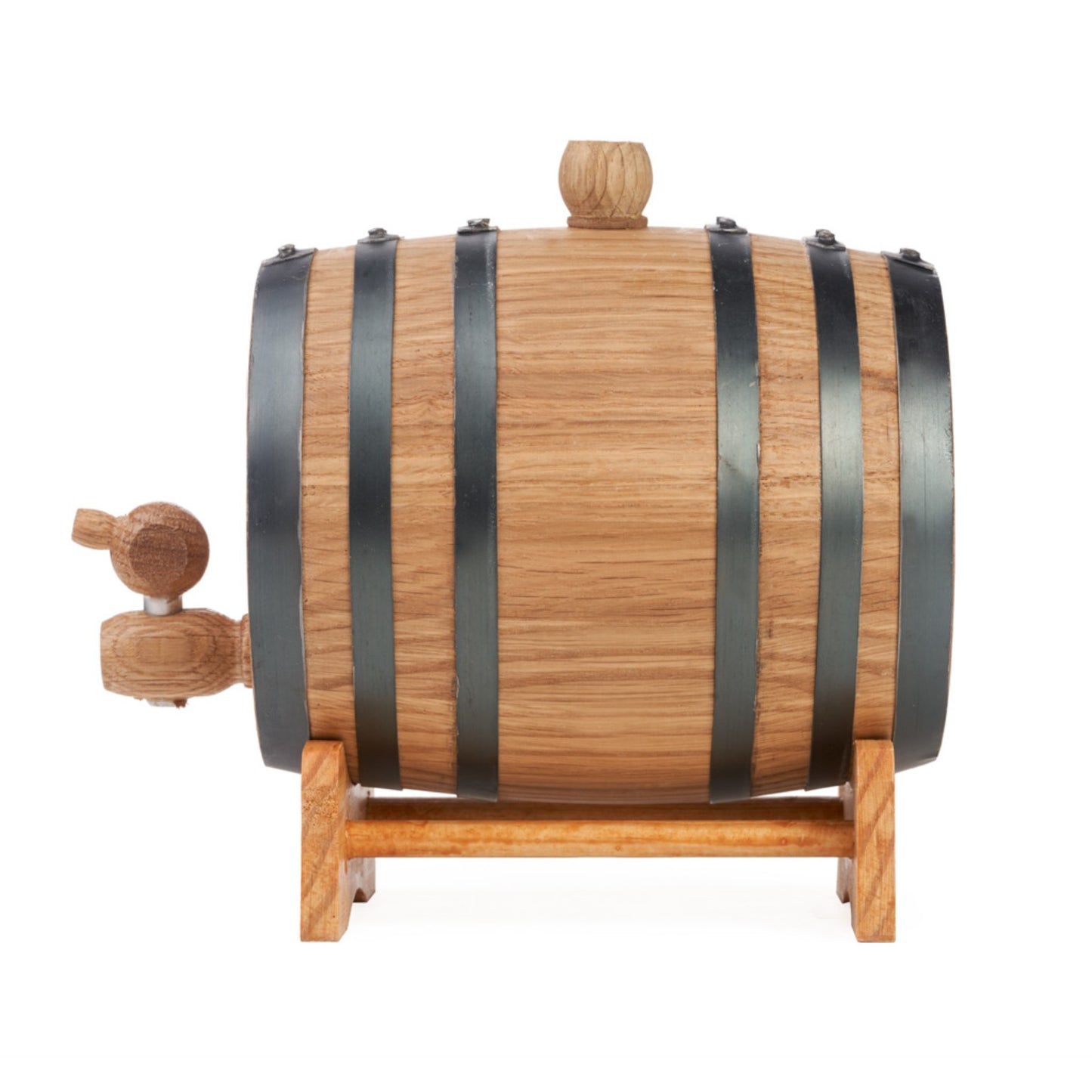 1 litre American oak aging barrel side profile on wooden stand