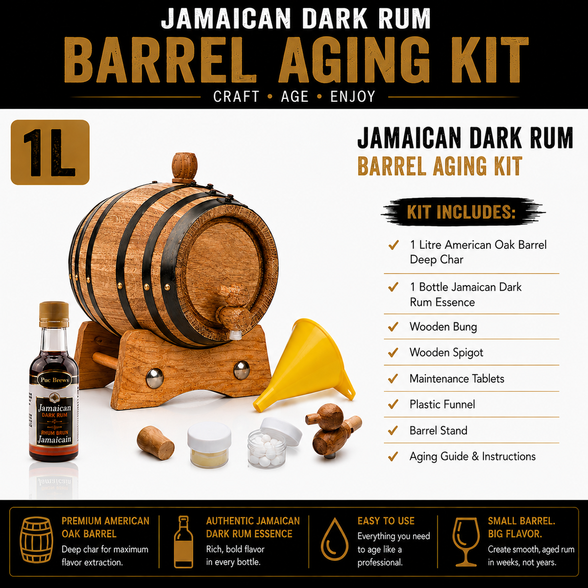 1L Jamaican Dark Rum Barrel Aging Kit with one bottle of essence