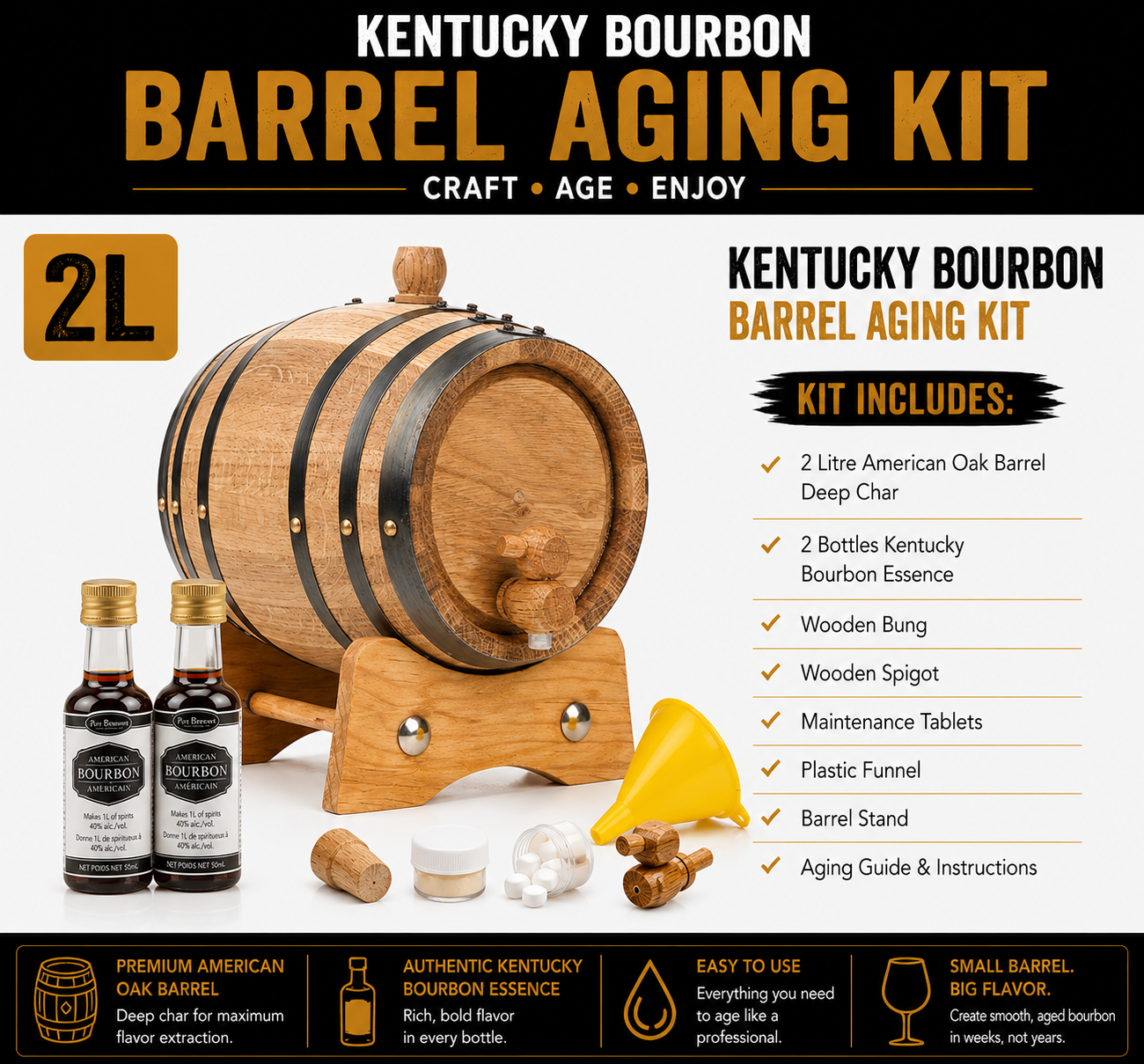 2L Kentucky Bourbon Barrel Aging Kit with two bottles of bourbon essence