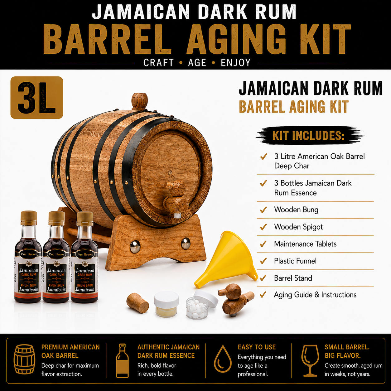 3L Jamaican Dark Rum Barrel Aging Kit with three bottles of essence
