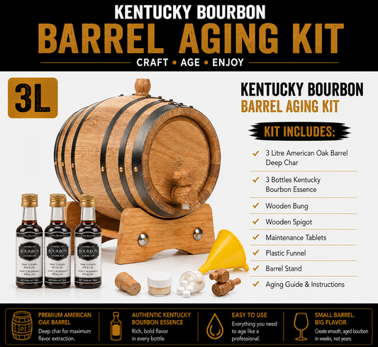 3L Kentucky Bourbon Barrel Aging Kit with three bottles of bourbon essence