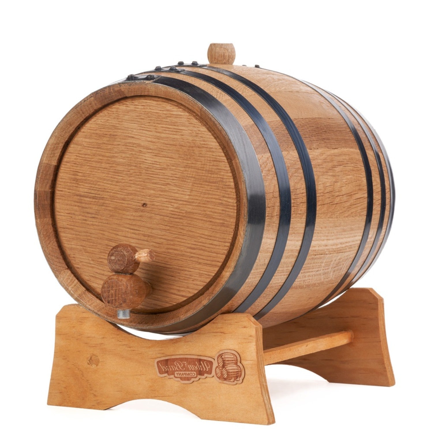 5 litre American oak aging barrel angled view on wooden stand