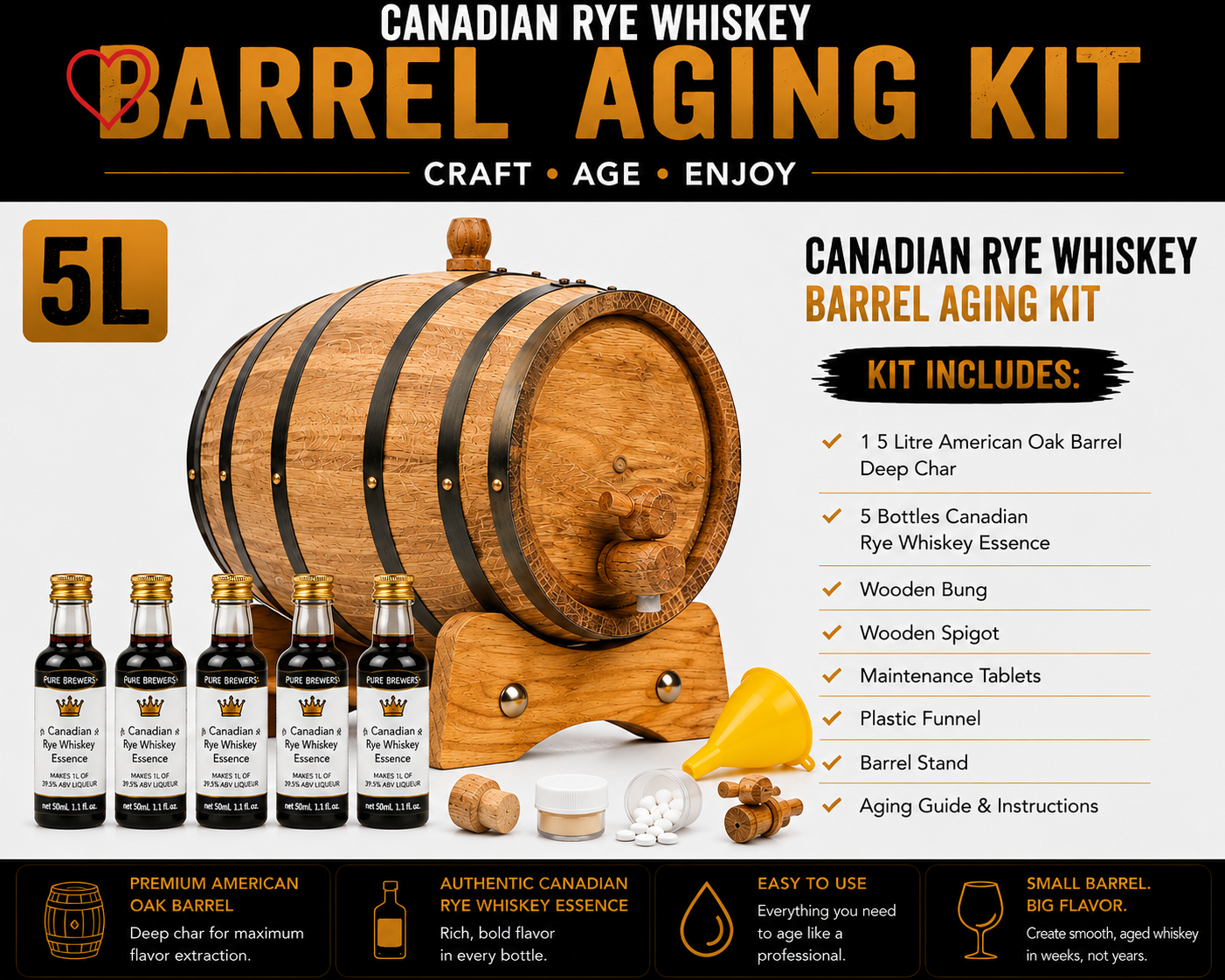 5L Canadian Rye Whiskey Barrel Aging Kit with five Canadian Rye Whiskey Essence bottles