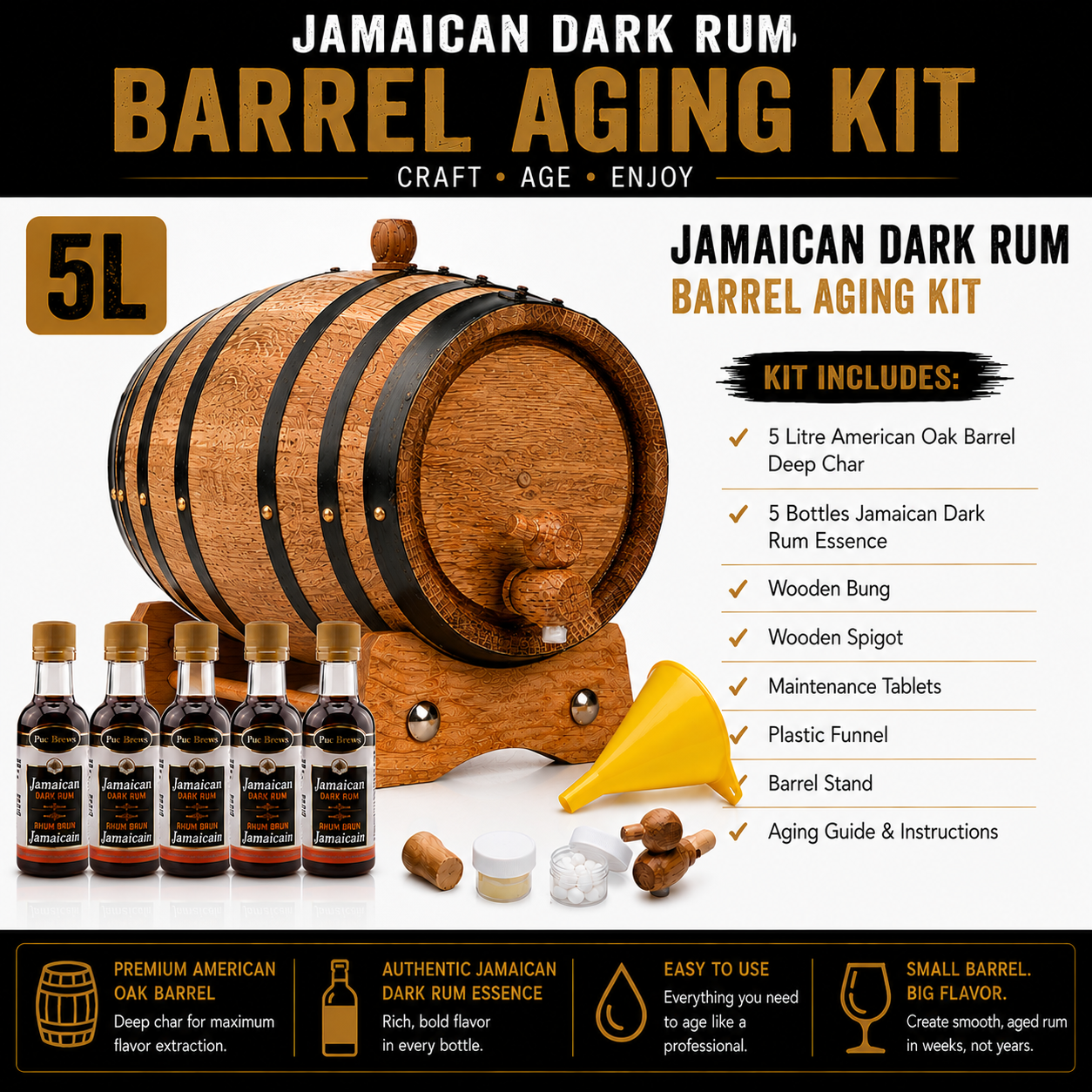 5L Jamaican Dark Rum Barrel Aging Kit with five bottles of essence
