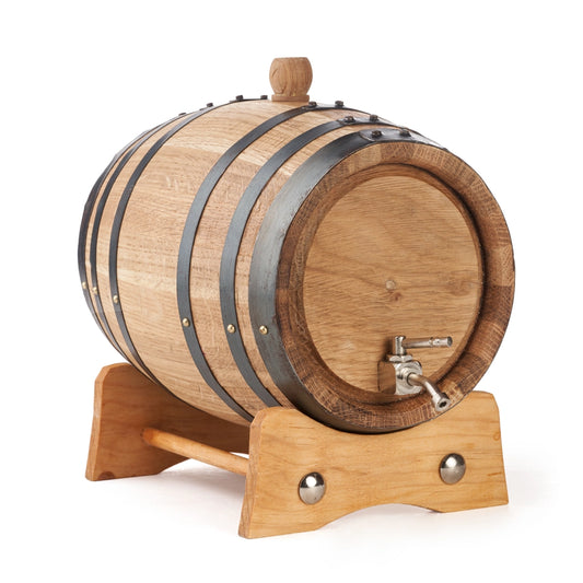 2 litre American oak aging barrel angled view on wooden stand