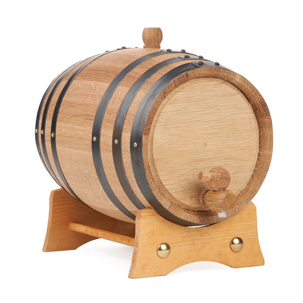 Urban Barrel 3 litre Gator oak aging barrel with wooden spigot angled view