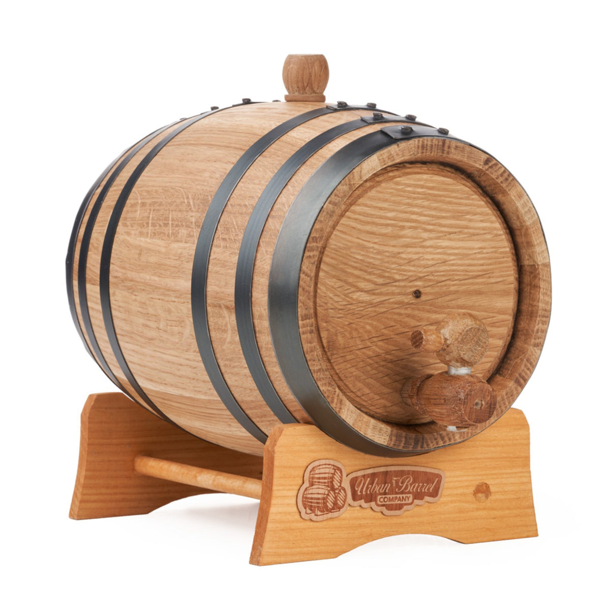 2 litre American oak aging barrel with wooden spigot, angled view
