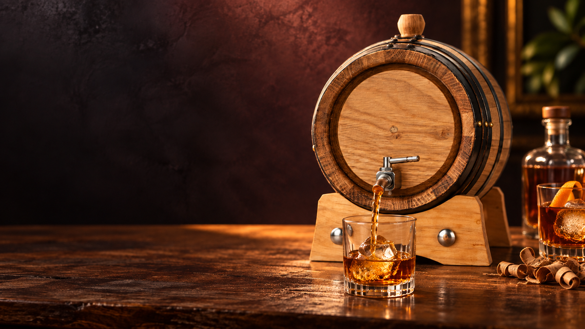 Gator Barrel pouring an amber barrel-aged spirit into a rocks glass