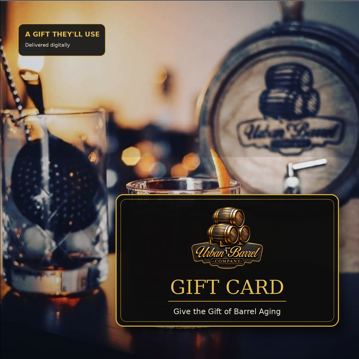 Urban Barrel Gift Card featuring Urban Barrel lifestyle photography and official logo